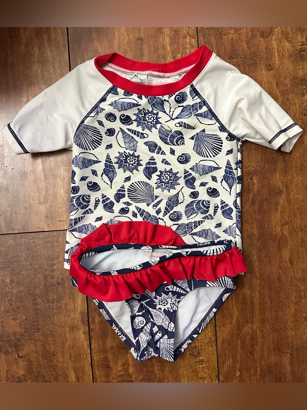 Tommy Bahama Girls Red & Navy Shell-Print Rash Guard Swim Set 2T